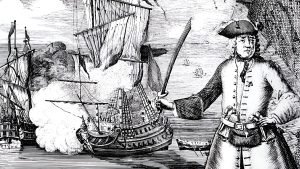 Henry Every pirate portrait with his ship the Fancy from General History of the Pyrates 1724