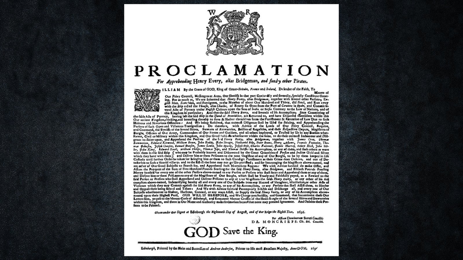 Royal proclamation for the capture of Henry Every pirate 1696 the first international manhunt in history