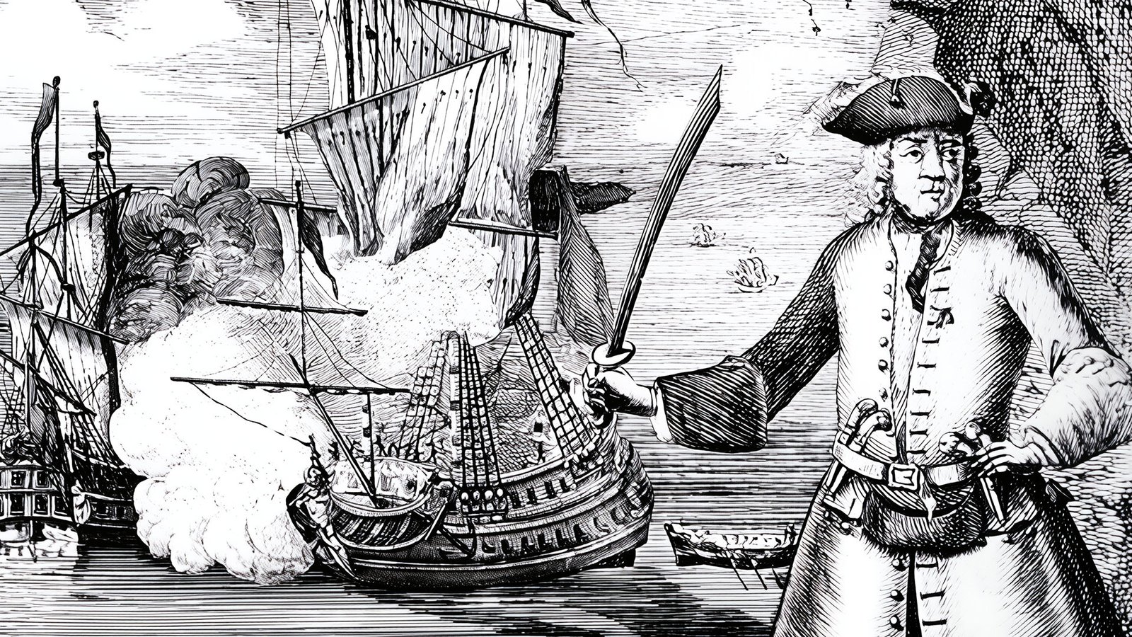 Henry Every pirate portrait with his ship the Fancy from General History of the Pyrates 1724