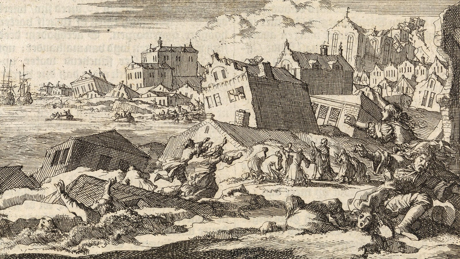 Port Royal Jamaica earthquake 1692 engraving by Jan Luyken showing buildings collapsing into the sea