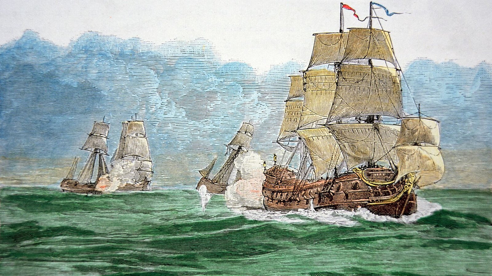 Naval battle engraving from the 1690s depicting the kind of ship combat Henry Every used to capture the Ganj-i-Sawai