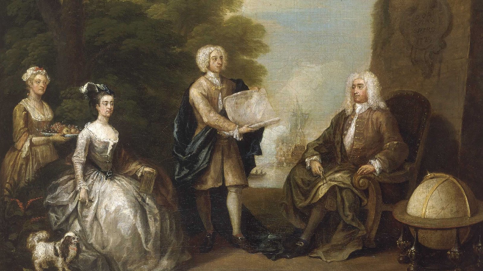 Woodes Rogers and his Family by William Hogarth 1729 oil painting showing the Governor of the Bahamas with his son holding a map of New Providence Island